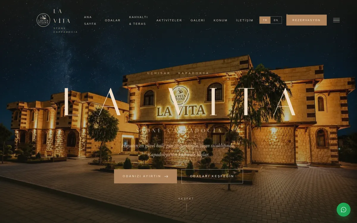 La Vita Stone Cappadocia homepage on a desktop screen